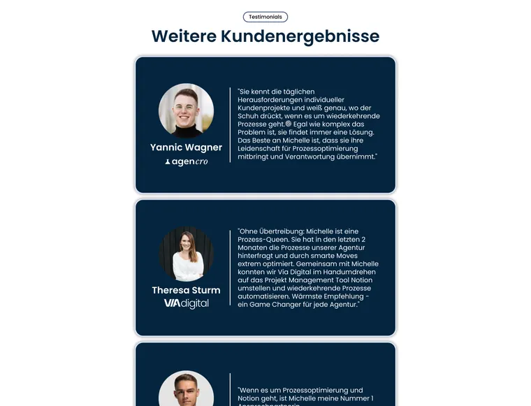 Testimonials as a stack of dark cards.