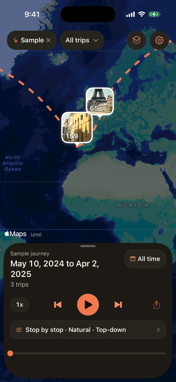 Wayback: The sample journey on the map: places as photo tiles, trips joined by dashed arcs.