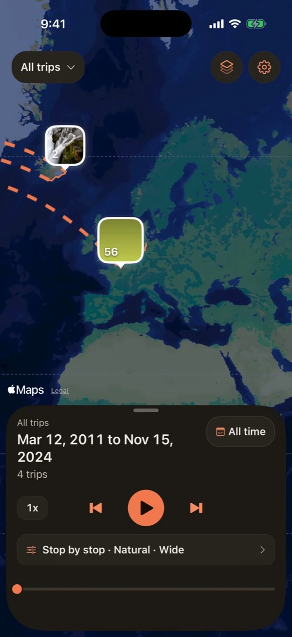 Wayback: Home with a real library: one full-screen map, places as photo tiles, trips played back in order.