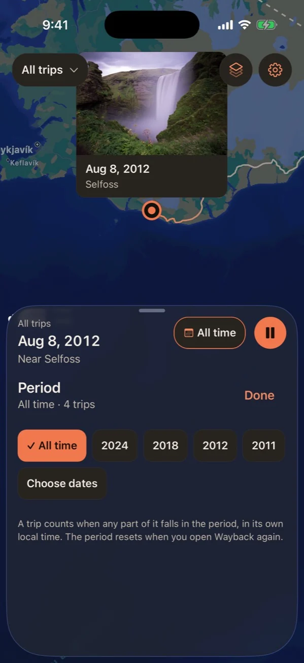Wayback: Playback: each stop's photo appears as a postcard on the map.