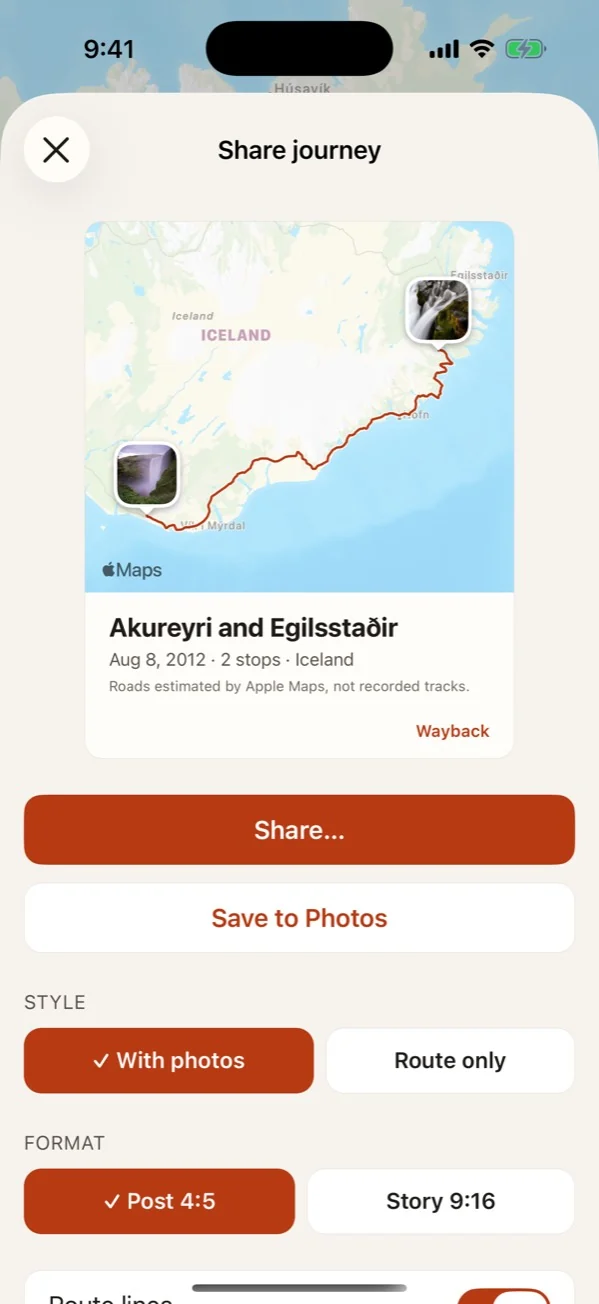 Wayback: Share journey: a postcard image of a trip, with photos or route only.